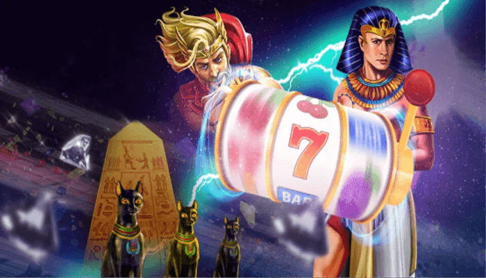 Slot-Walze mit verschiedenen Figuren und Symbolen im Hintergrund Spielautomaten-Walze und Symbole in Weltraum