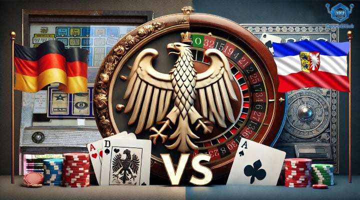 Rouletterad und Spielautomat gegenübergestellt mit Flaggen von Deutschland und SH